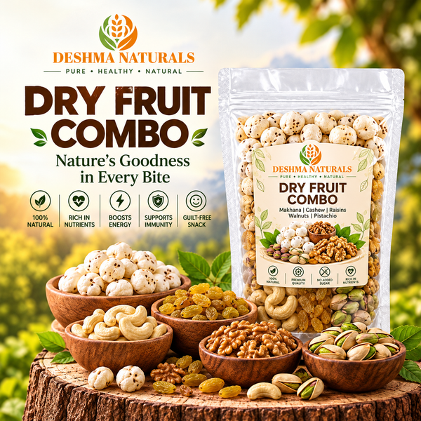 Deshma Naturals Premium 5-in-1 ,Dry Fruits Combo Pack | Makhana, Kaju, Roasted Pista, Raisins & Walnut Giri | Premium Quality Healthy Snacking Gift Pack