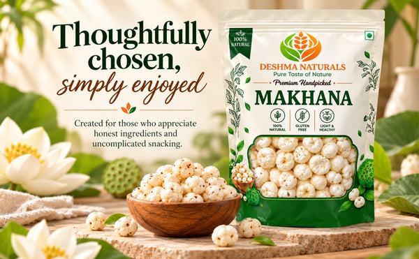Deshma Naturals 5+ Suta Handpicked Premium Makhana | Large Fox Nuts | Light & Premium Phool Makhana | Naturally Gluten-Free Snack | Healthy Everyday Snacking